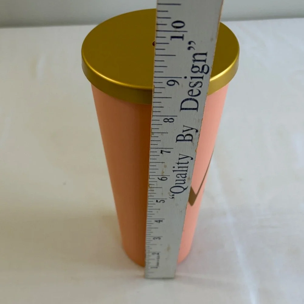 Monogram Letter M Tumbler Matte Peach Pink Gold Lid Insulated Travel Cup 20oz‎